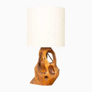 Lampe de Bureau Sculpturale en Bois d'Olivier avec Abat-Jour en Papier, France, 1950s