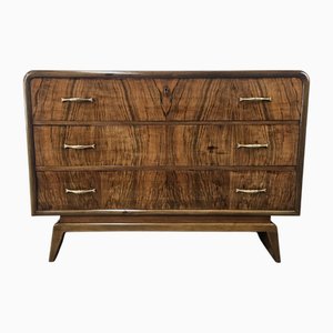 Art Deco Chest of Drawers in Walnut Burl with Black Glass Top and Brass Handles, 1940s
