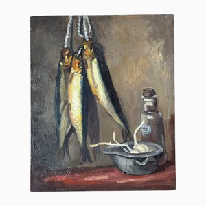 Natura morta con pesci, anni '20, olio su tavola