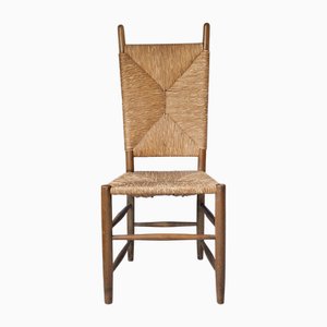 Spanish High Back Chair with Rush Seat and Backrest, 1950s