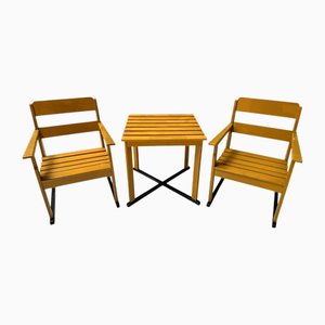 Poltrone e tavolo Art Déco in faggio laccato, anni '30, set di 3