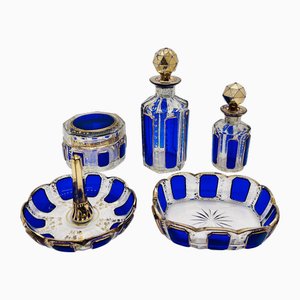 Antique Cobalt Blue and Gilt Glass Vanity Set attributed to Moser, Late 19th Century, Set of 5