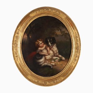 Girl with Dog, Oil on Canvas, Framed