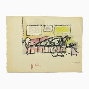 Mino Maccari, The Hour of Rest, Charcoal and Watercolor