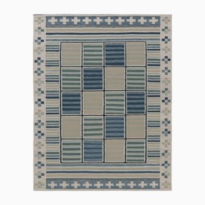 Rug in Cream White and Blue Geometric Grid by Rug&Kilim