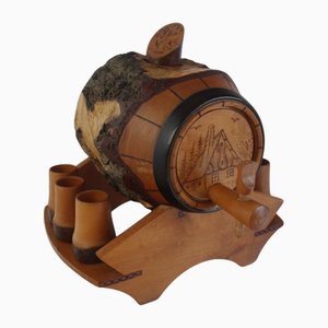 Vintage Hand Carved Wooden Barrel and Goblets, 1950s