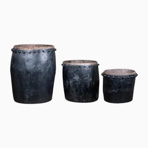 Large Javanese Hand-Carved Drum Pot in Black Teak, 1950s