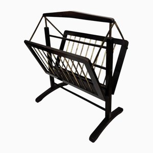 Mid-Century Italian Brass and Wood Folding Folio Stand Magazine Rack, 1960s