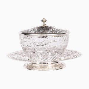 Antique French Silver-Engraved and Cut Crystal Butter Dish, 19th Century
