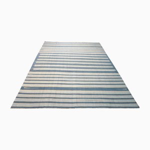Vintage Dhurrie Teppich mit blauen geometrischen Streifen