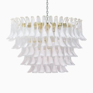 Large Italian Oval Suspension Chandelier in White Murano Glass, 1990s