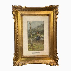 Lorenzo Gignous, Femme de la Campagne, Années 1800, Huile sur Carton, Encadrée