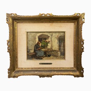 Ercole Garavaglia, Woman at Work, 1890s, Oil on Panel, Framed