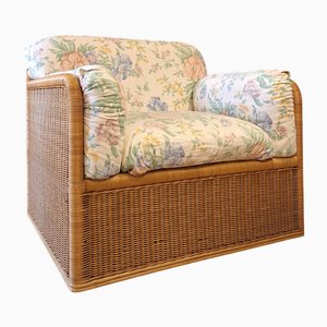 Italian Wicker and Bamboo Chair with Cushions, 1970s