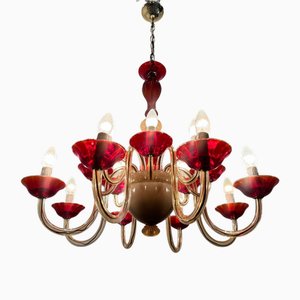 Großer Venezianischer Kronleuchter aus Rubinrotem Muranoglas, 1980er