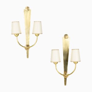 Vintage Brass Wall Lights with Paper Lampshades, 1950s, Set of 2