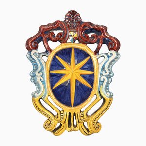 Large Majolica Heraldic Star Coat of Arms with Ars Longa Vita Brevis Engraving, 1960s