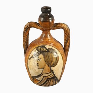 Ceramic Majolica Amphora with Him and Her Medieval Portraits, 1930s