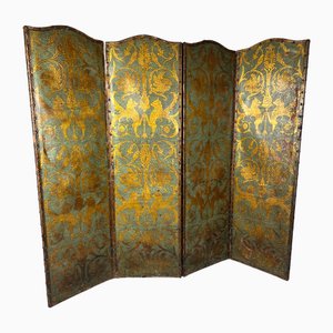 Antique Painted Embossed Leather 4-Fold Dressing Screen Room Divider, 1890s