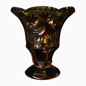 Bohemian Art Deco Cut Crystal Vase with Amber and Burgundy Floral Decoration, 1930s