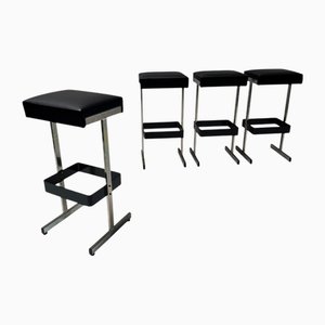 Mid-Century Modern Bar Stools with Black Leather Seats, 1970s, Set of 4