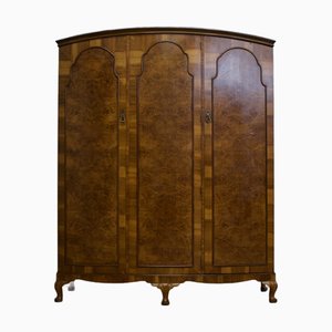 Vintage Art Deco Burr Walnut Triple Door Wardrobe, 1930s