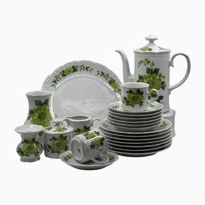 Set da tavola vintage a fiori verdi con teiera e scaldavivande di Mitterteich Porcelain, anni '80, set di 15