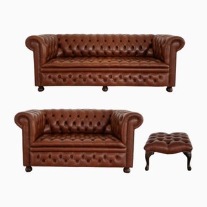 Chesterfield 3-Seater and 2-Seater Sofas with Ottoman, 1970s, Set of 3