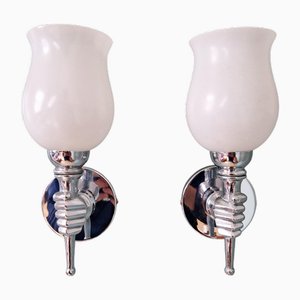 Lampade da parete in metallo cromato e vetro bianco satinato, anni '60, set di 2