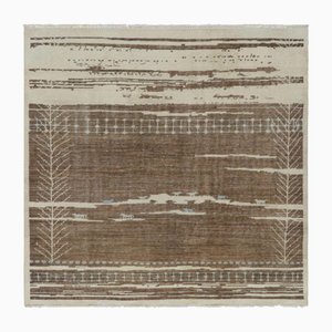 Moroccan-Inspired Square Rug in Brown and Cream Primitivist Geometry by Rug&Kilim
