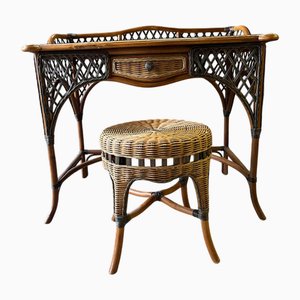 Vintage Wicker Dressing Table with Glass Top and Stool, Set of 2