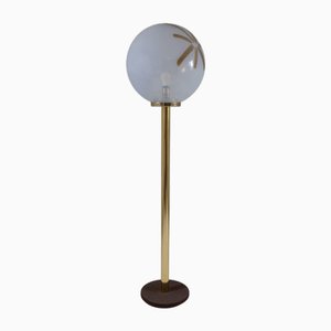Floor Lamp with Embossed Metal Base, Brass Stem and Blown Glass Diffuser, 1970s
