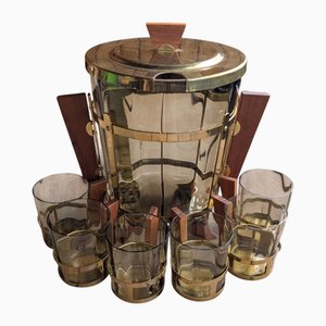 Vintage Smoked Glass, Brass and Teak Punch Set, 1930s, Set of 6