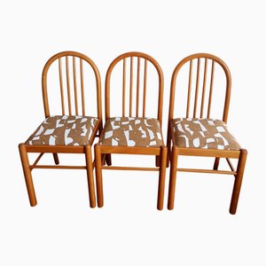 Pine and Fabric Chairs, 1970s, Set of 3