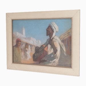 Musician Playing to a Crowd, 1950s, Pastel and Paper, Framed