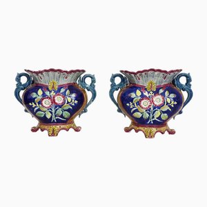 Antike Jugendstil Pflanzgefäße mit Drachengriff in Barbotine, 1920er, 2er Set