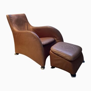 Set aus Sessel und Fußhocker aus Cognacfarbenem Leder von Gerard Van Den Berg, 1980er