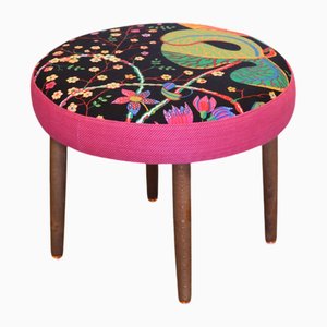 Danish Round Stool in Linen Fabric by Josef Frank for Firma Svenskt Tenn, 1960s