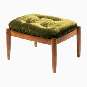 Otomana escandinava Mid-Century de roble con cojín de pana en verde oliva, años 60