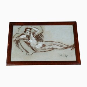 Charles-Théodore Bichet, Reclining Female Nude, 1890s, Sepia Charcoal, Framed