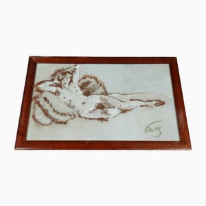Charles-Théodore Bichet, Reclining Female Nude, 1890s, Sepia Charcoal, Framed