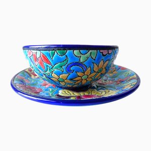 Emaillierte Tasse und Untertasse aus Keramik von Longwy, 1920er, 2er Set