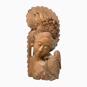 Vintage Balinese Woman with Hummingbird Sculpture in Wood, 1950s
