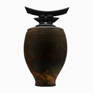 Raku Ceramic Vessel with Brass Detail by Bruce Johnson, 1999