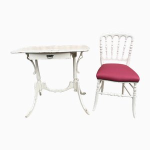 Antiker Jugendstil Schminktisch mit Stuhl in Creme & Himbeer Bezug, 2er Set