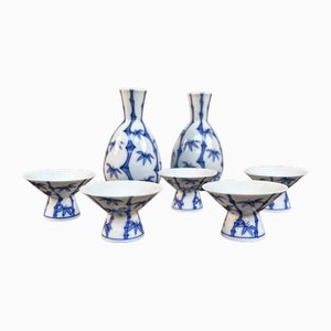 Japanese Arita Porcelain Sake Set with Bamboo Motif, 1970s-1980s, Set of 7