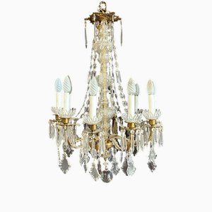Large French Crystal and Gilded Brass 10-Arm Chandelier, 1950s