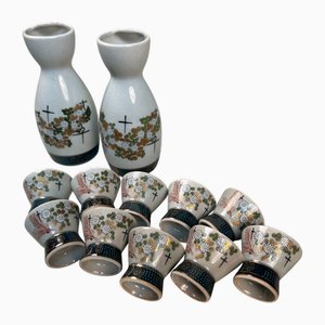 Kutani Sake Set with Floral and Gilt Decoration, Japan, 1970s, Set of 12