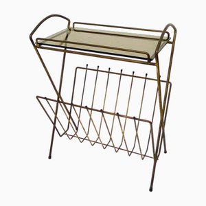 Small End Table with Magazine Rack in Golden Tubular Metal and Smoked Glass, 1970s