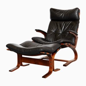 Set of Scandinavian Leather Cantilever Chair with Ottoman by Elsa & Nordahl Solheim for Rybo Rykken, 1960s